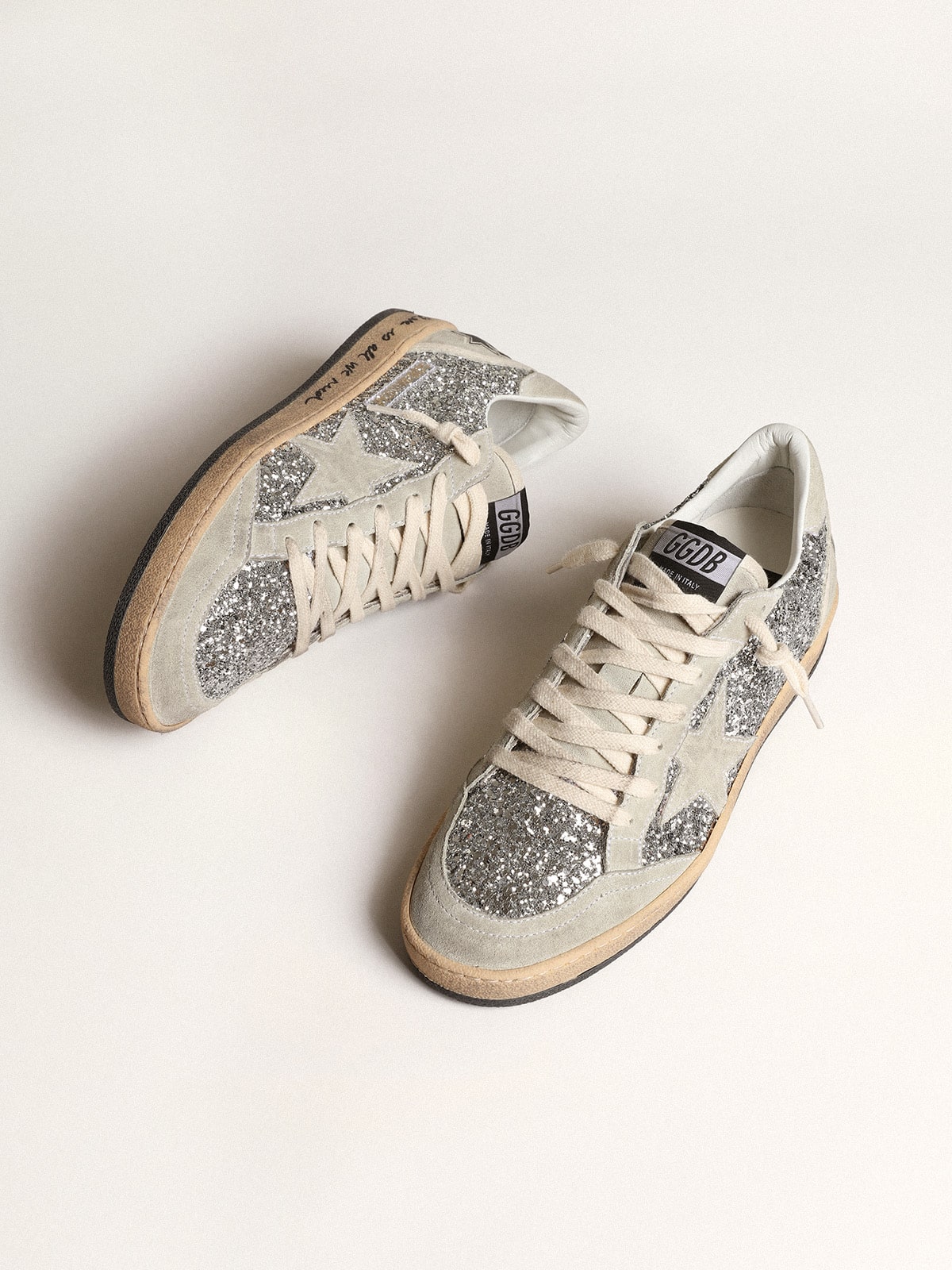 Women’s Ball Star in silver glitter with ice-gray suede inserts - Golden Goose Women