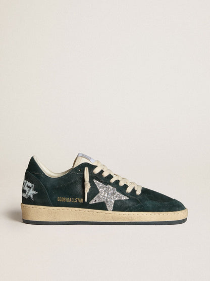 Women's Ball Star in green suede with silver glitter star - Golden Goose Women