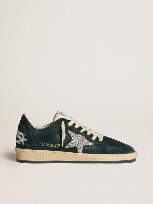 Women's Ball Star in green suede with silver glitter star - Golden Goose Women