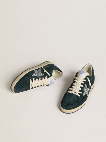 Women's Ball Star in green suede with silver glitter star - Golden Goose Women