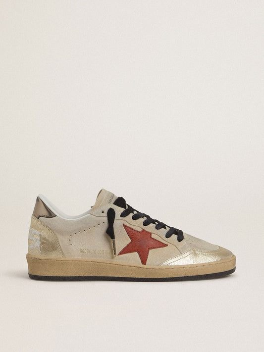 Ball Star in beige suede with red leather star and metallic bronze foiled leather heel tab - Golden Goose Women