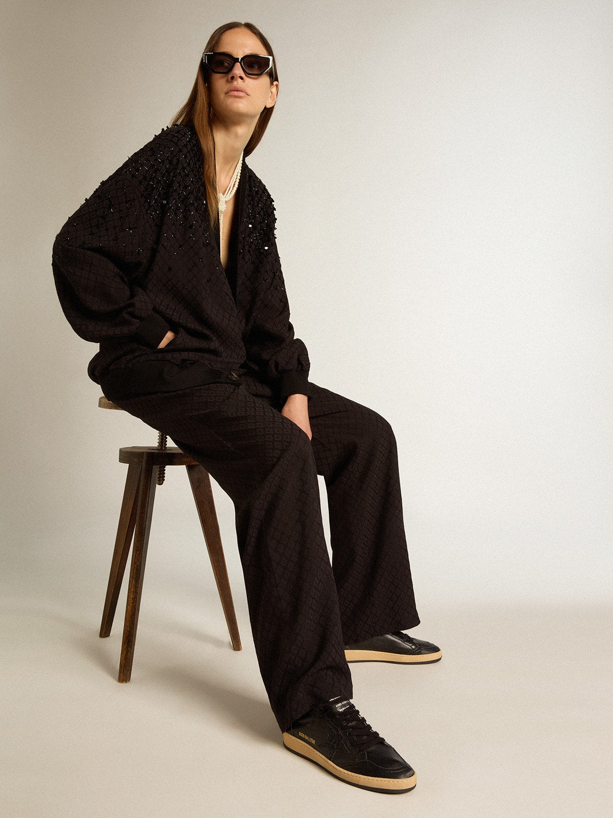 Women’s Ball Star in black nappa with black glitter star and suede heel tab - Golden Goose Women