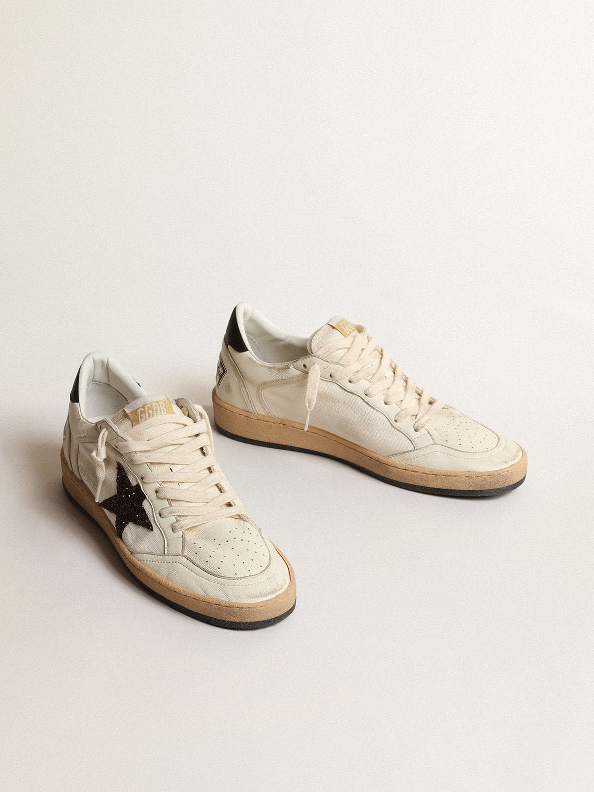 Ball Star with chicory-coffee glitter star and black leather heel tab - Golden Goose Women