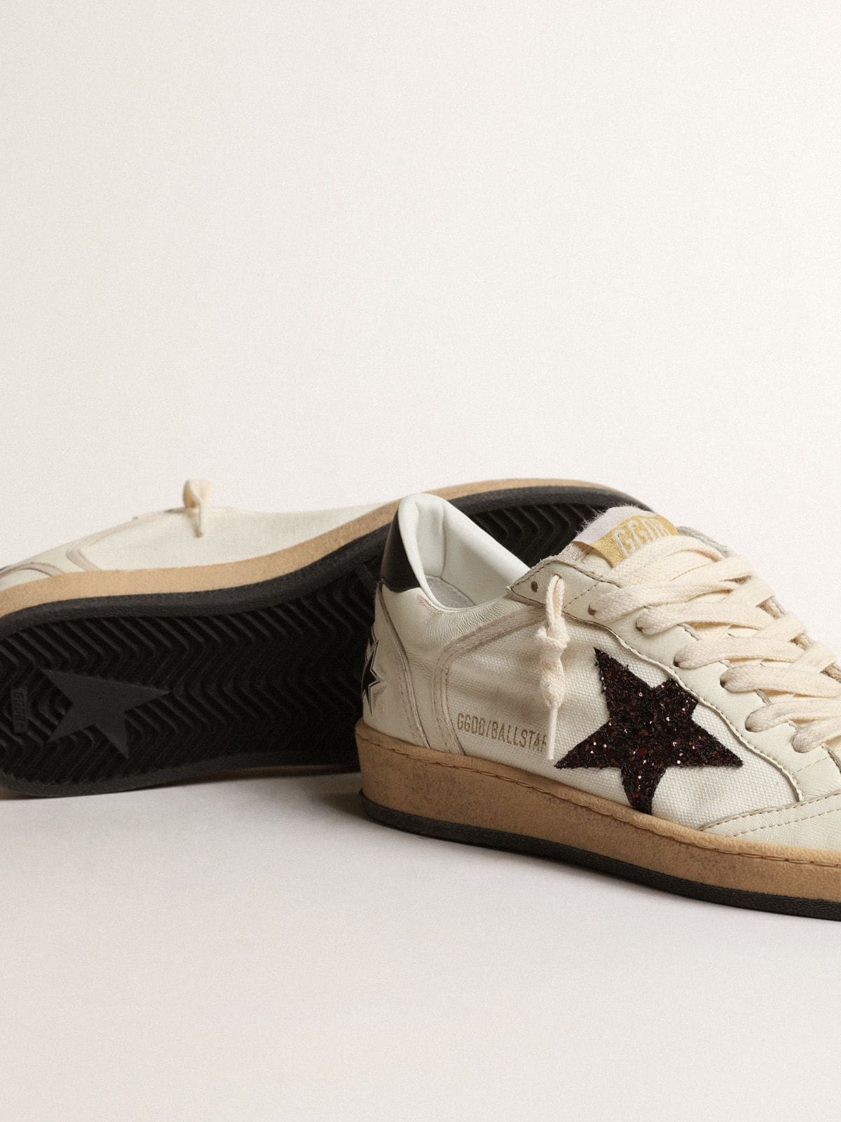 Ball Star with chicory-coffee glitter star and black leather heel tab - Golden Goose Women