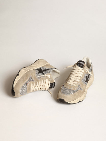 Women's Running Sole in silver glitter and dove gray suede - Golden Goose Women