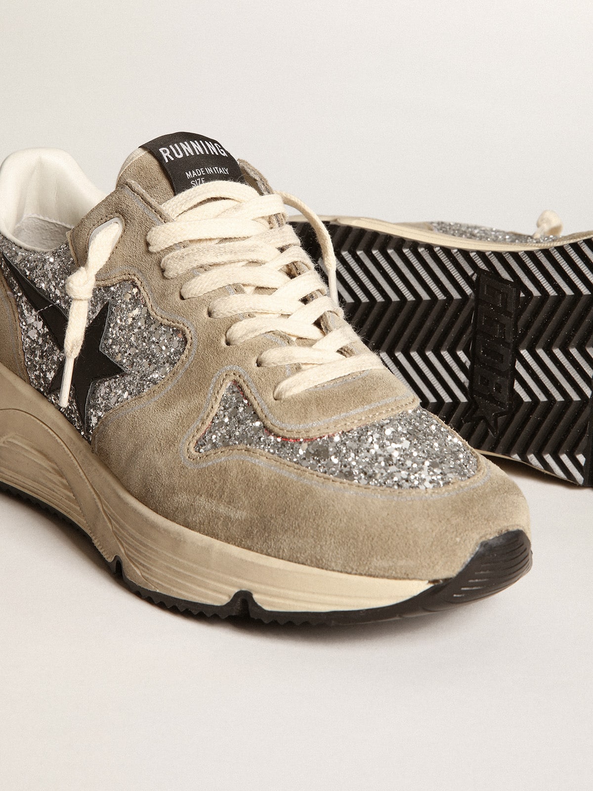 Women's Running Sole in silver glitter and dove gray suede - Golden Goose Women