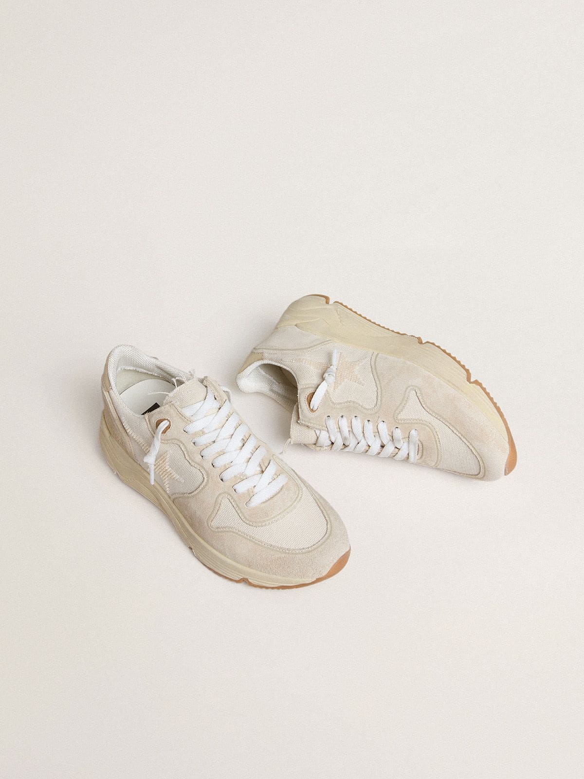 Women's Running Sole in canvas with beige star and platinum metallic leather heel tab - Golden Goose Women