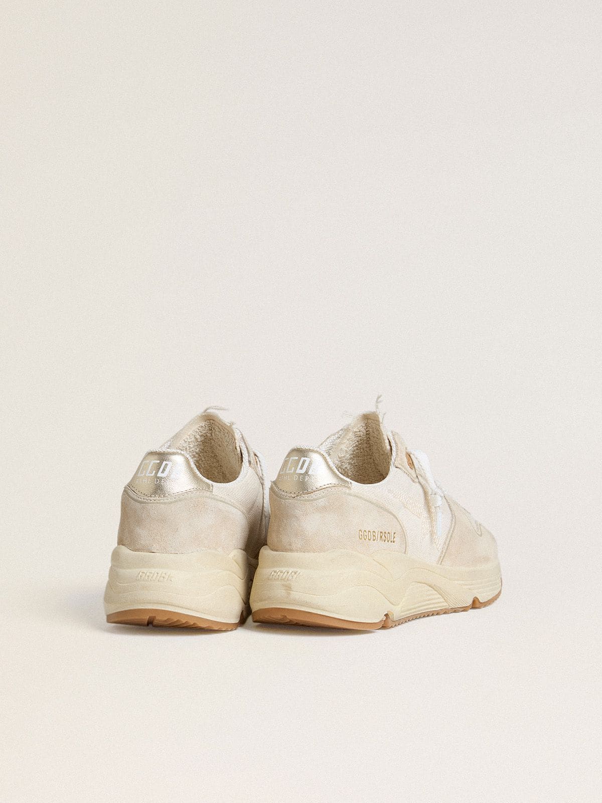 Women's Running Sole in canvas with beige star and platinum metallic leather heel tab - Golden Goose Women