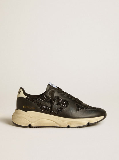 Women's Running Sole in black glitter with leather star and nubuck heel tab - Golden Goose Women