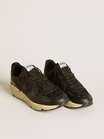 Women's Running Sole in black glitter with leather star and nubuck heel tab - Golden Goose Women