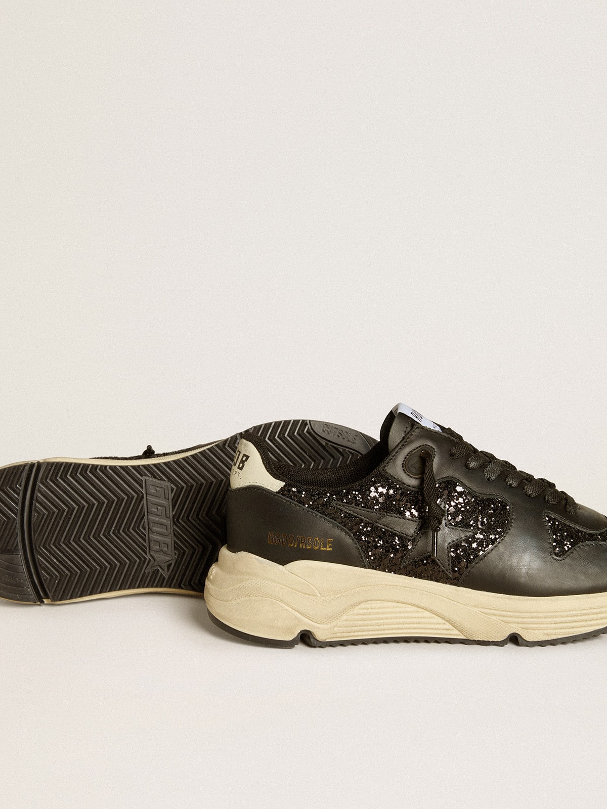Women's Running Sole in black glitter with leather star and nubuck heel tab - Golden Goose Women