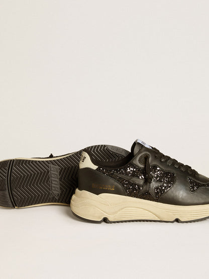 Women's Running Sole in black glitter with leather star and nubuck heel tab - Golden Goose Women