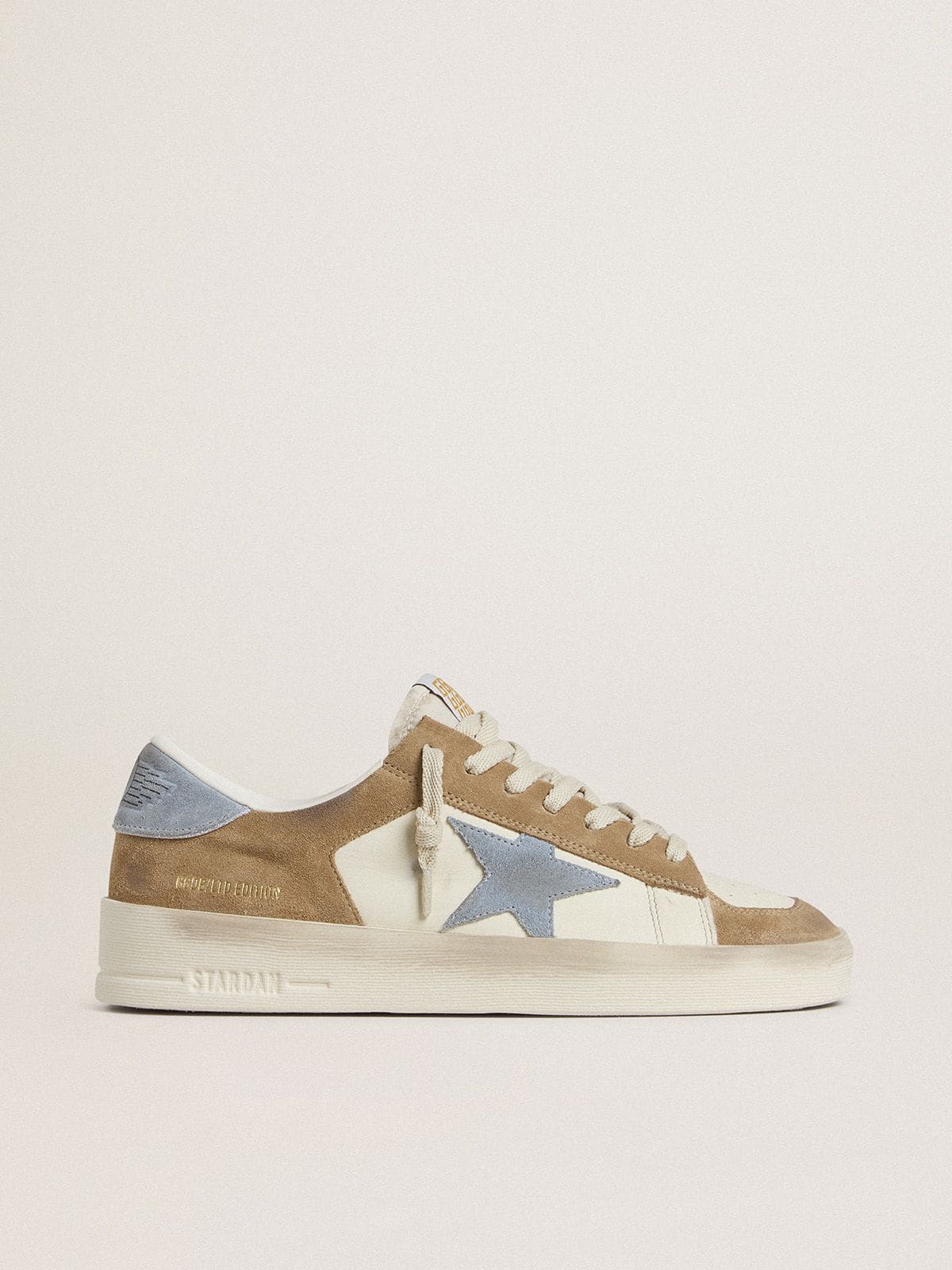 Stardan LTD in white leather and tobacco suede with light blue suede star and heel tab - Golden Goose Women