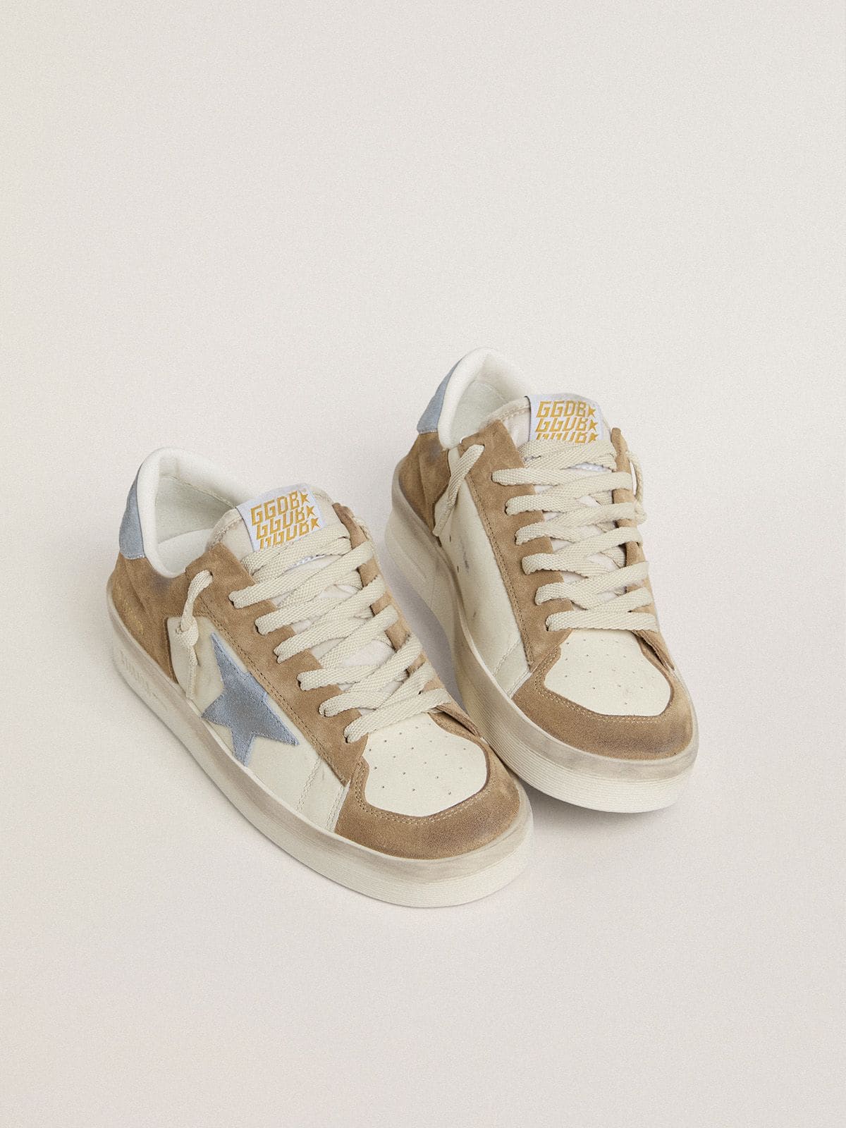 Stardan LTD in white leather and tobacco suede with light blue suede star and heel tab - Golden Goose Women