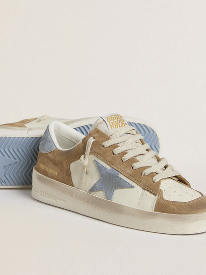 Stardan LTD in white leather and tobacco suede with light blue suede star and heel tab - Golden Goose Women