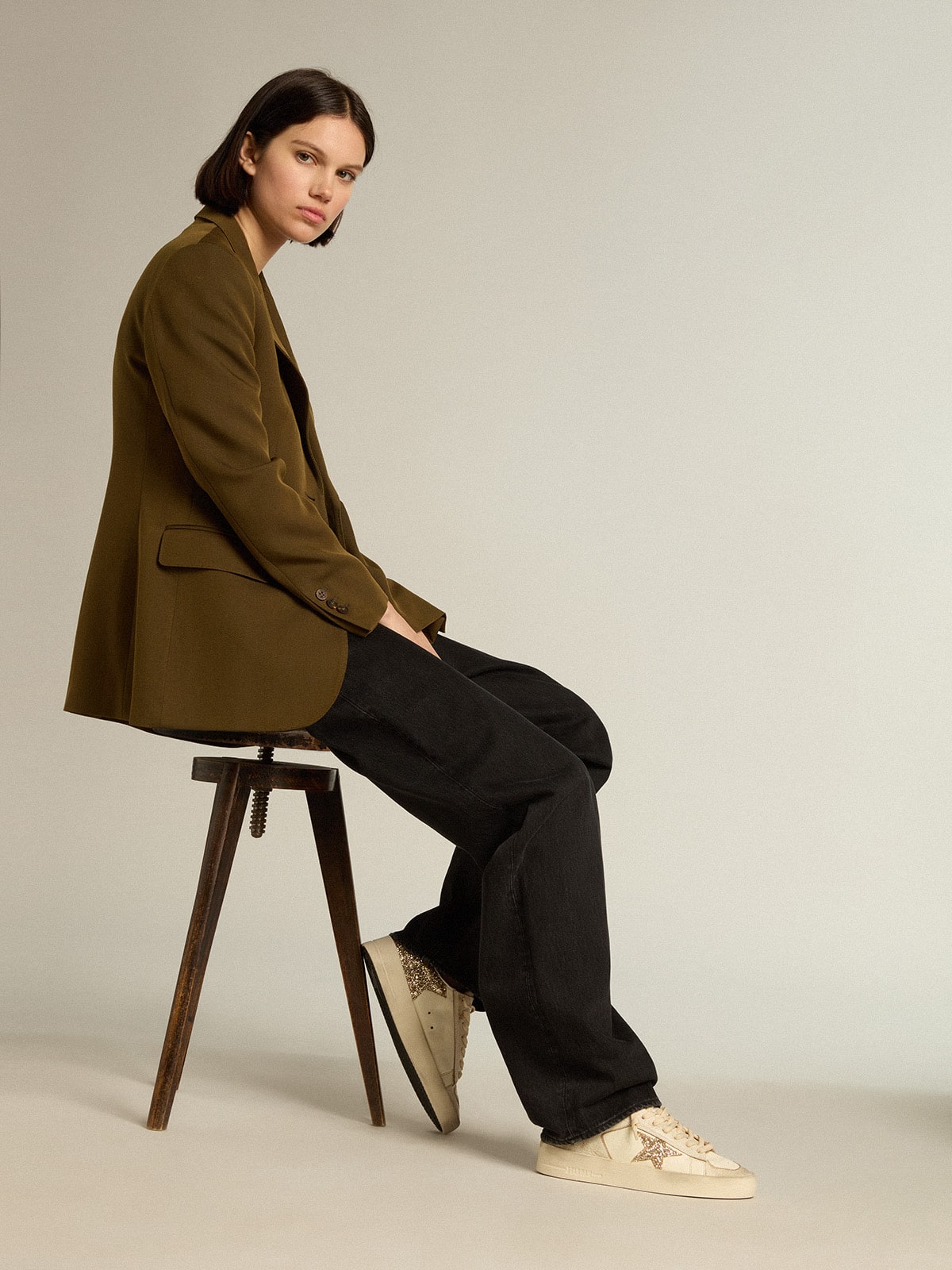 Women’s Stardan in ecru nappa leather with gold glitter star and heel tab - Golden Goose Women