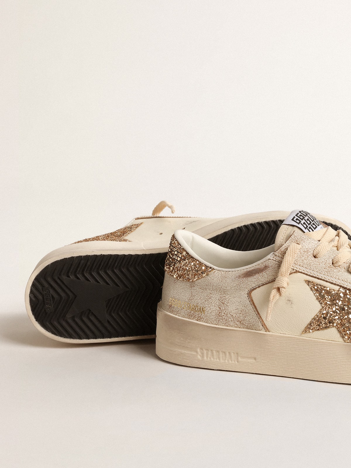 Women’s Stardan in ecru nappa leather with gold glitter star and heel tab - Golden Goose Women