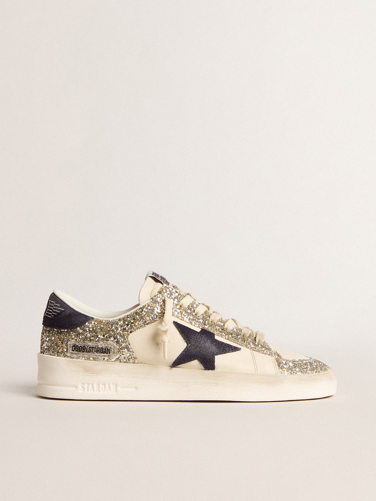 Women's Stardan in platinum glitter with dark blue suede star and heel tab - Golden Goose Women