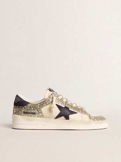Women's Stardan in platinum glitter with dark blue suede star and heel tab - Golden Goose Women