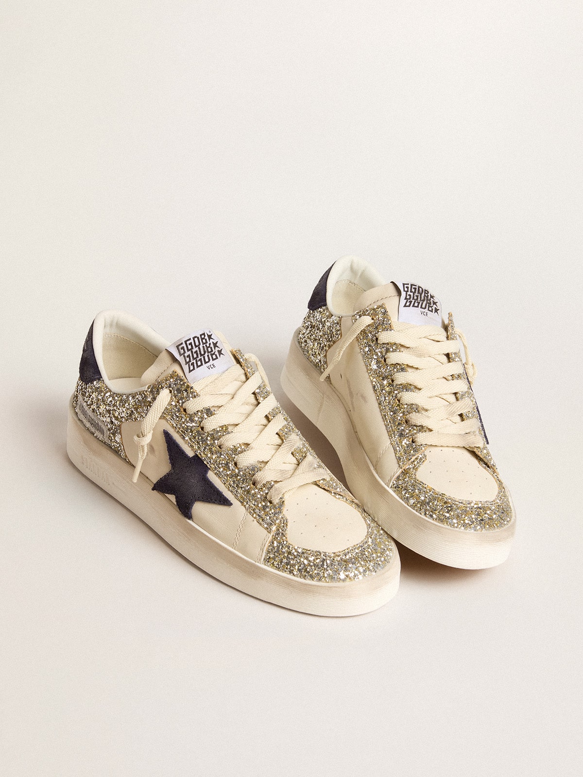 Women's Stardan in platinum glitter with dark blue suede star and heel tab - Golden Goose Women