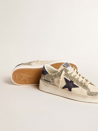 Women's Stardan in platinum glitter with dark blue suede star and heel tab - Golden Goose Women