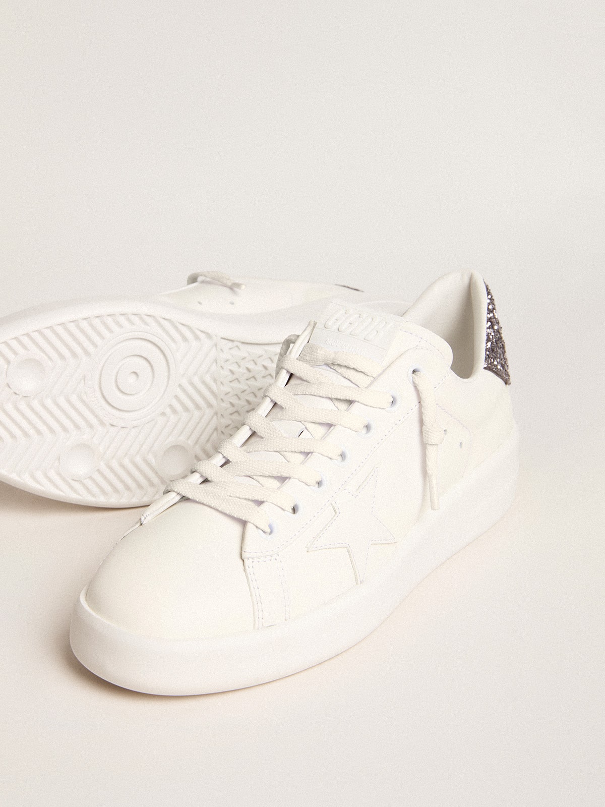 Women’s Purestar with white leather star and anthracite glitter heel tab - Golden Goose Women