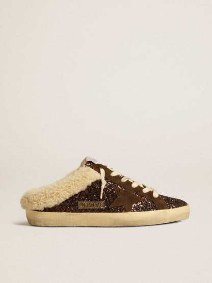 Super-Star Sabots in glitter with brown star and shearling lining - Golden Goose Women