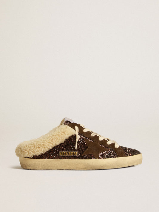 Super-Star Sabots in glitter with brown star and shearling lining - Golden Goose Women