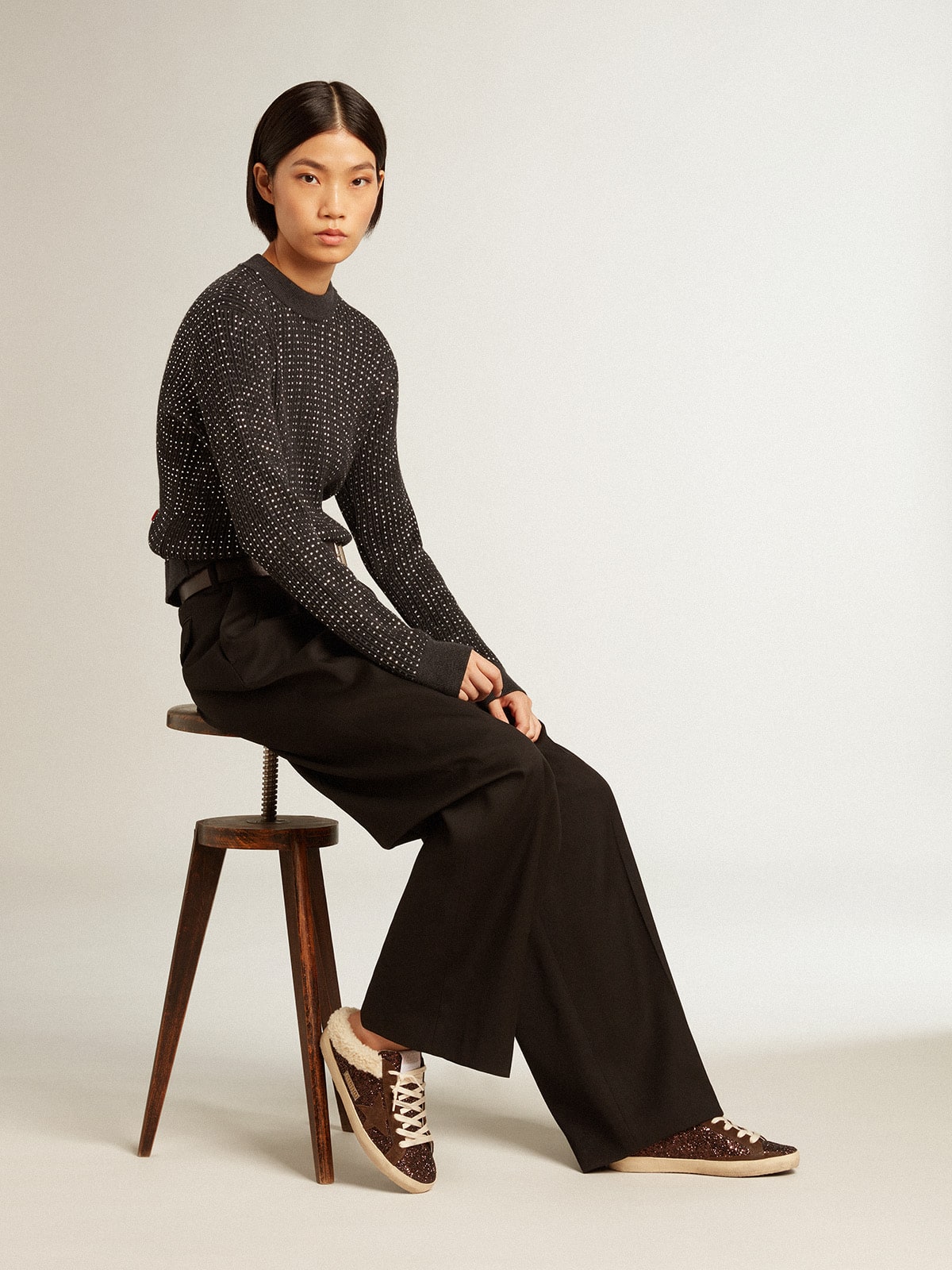 Super-Star Sabots in glitter with brown star and shearling lining - Golden Goose Women