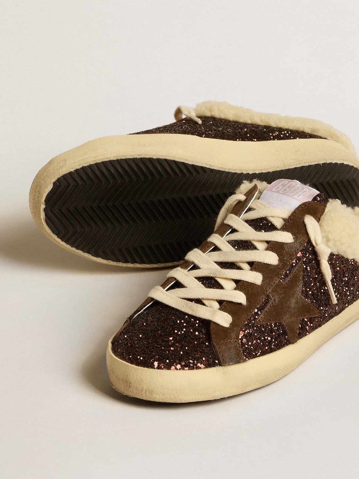 Super-Star Sabots in glitter with brown star and shearling lining - Golden Goose Women