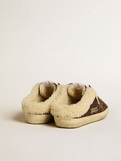 Super-Star Sabots in glitter with brown star and shearling lining - Golden Goose Women