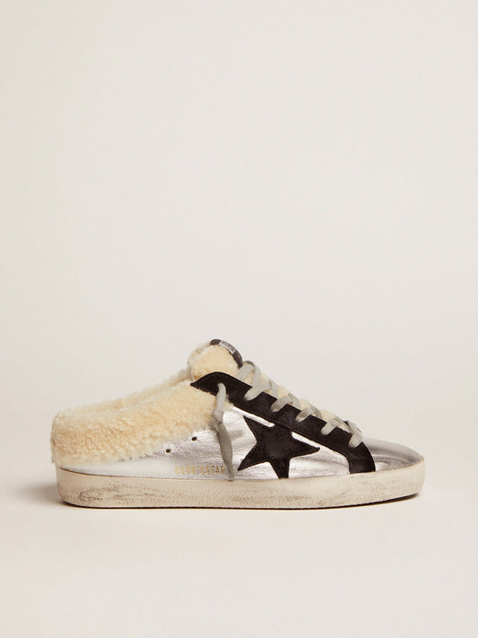 Women's Super-Star Sabot in silver laminated leather with black star - Golden Goose Women