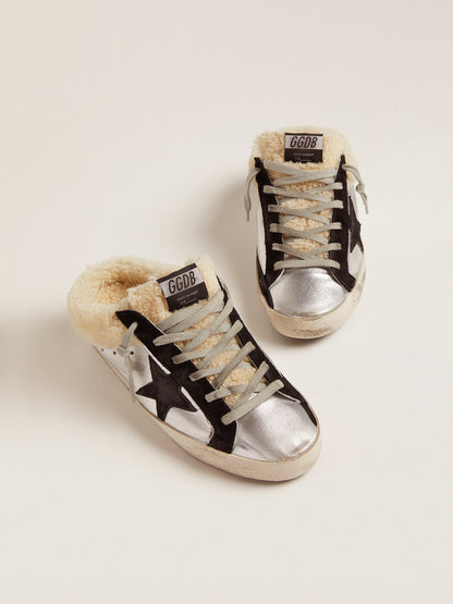 Women's Super-Star Sabot in silver laminated leather with black star - Golden Goose Women