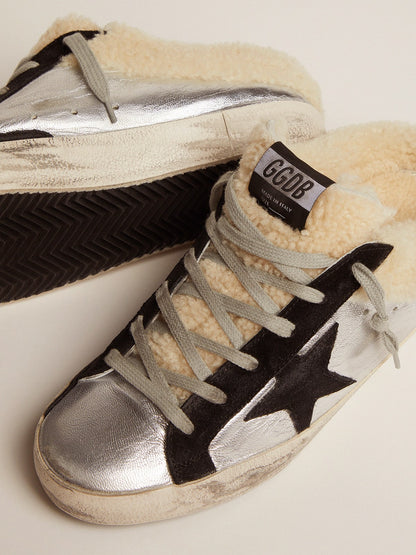Women's Super-Star Sabot in silver laminated leather with black star - Golden Goose Women