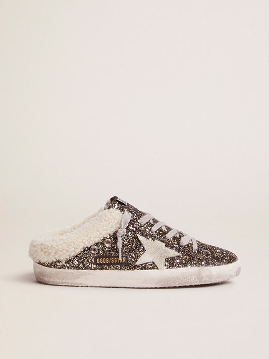 Women's Super-Star Sabot with glitter and shearling interior - Golden Goose Women