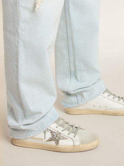 Super-Star Sabot with a platinum glitter star and suede tongue - Golden Goose Women