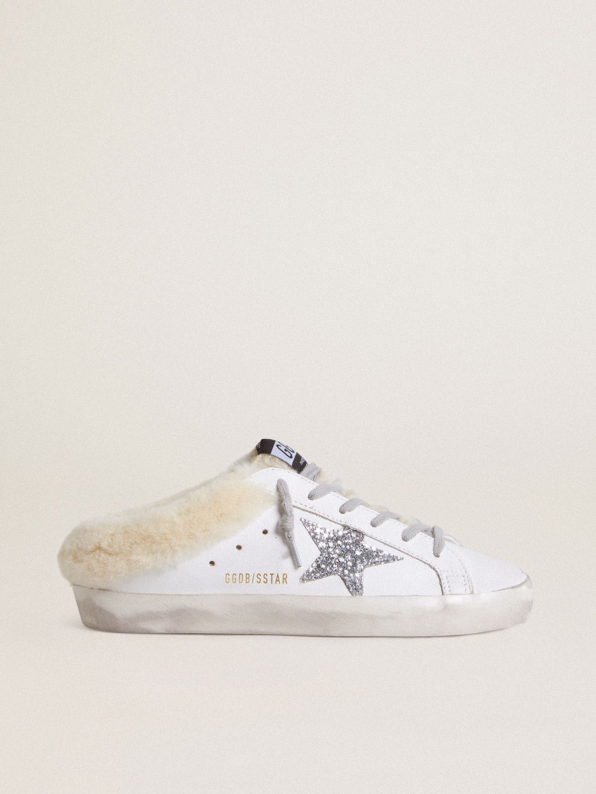 Super-Star Sabots in white leather with shearling lining and silver star - Golden Goose Women