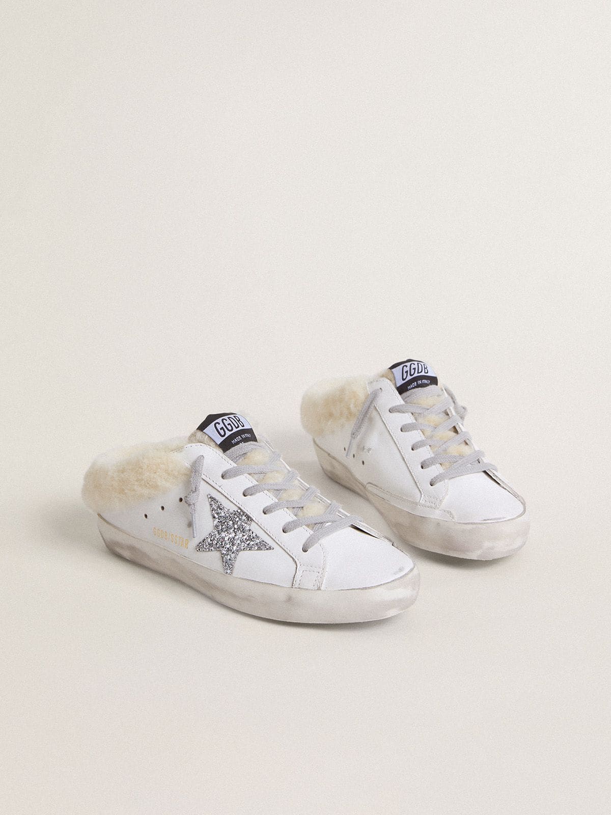 Super-Star Sabots in white leather with shearling lining and silver star - Golden Goose Women