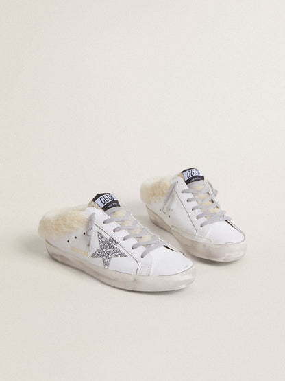 Super-Star Sabots in white leather with shearling lining and silver star - Golden Goose Women