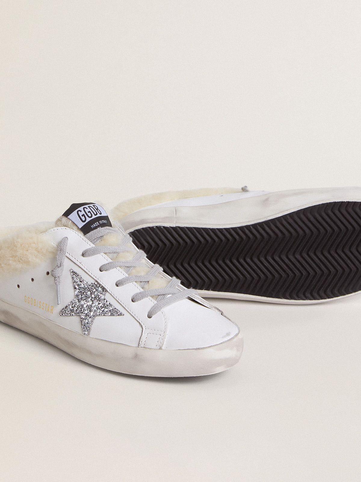 Super-Star Sabots in white leather with shearling lining and silver star - Golden Goose Women