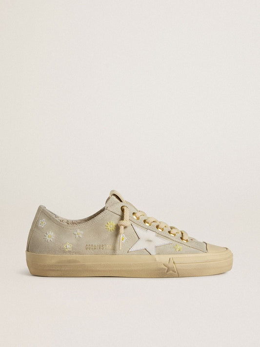 Women’s V-Star in ice-gray suede with white leather star and floral embroidery - Golden Goose Women