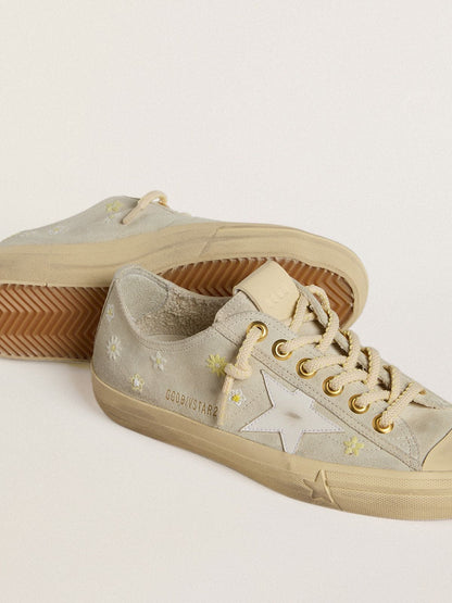 Women’s V-Star in ice-gray suede with white leather star and floral embroidery - Golden Goose Women