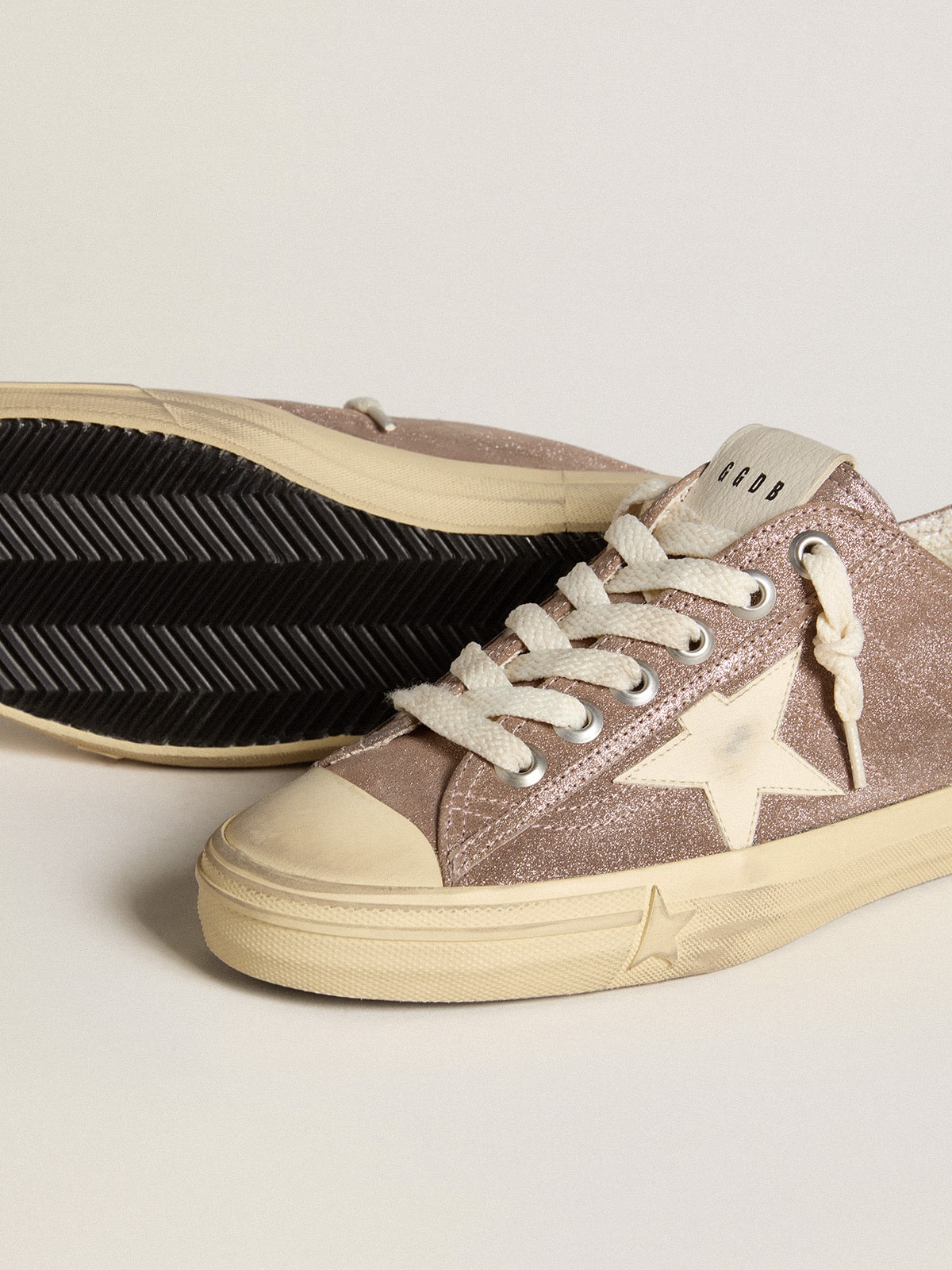 Women's V-Star in light brown metallic suede with cream leather star - Golden Goose Women