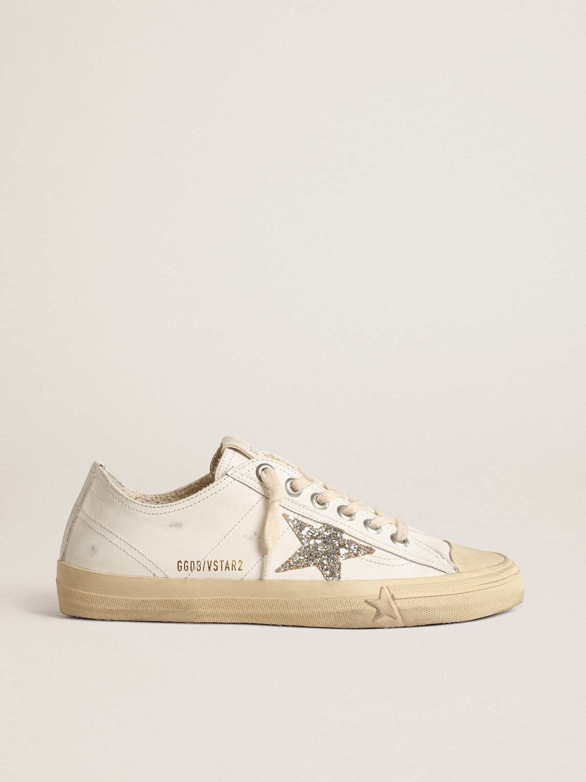 V-Star in white leather with a platinum glitter star - Golden Goose Women