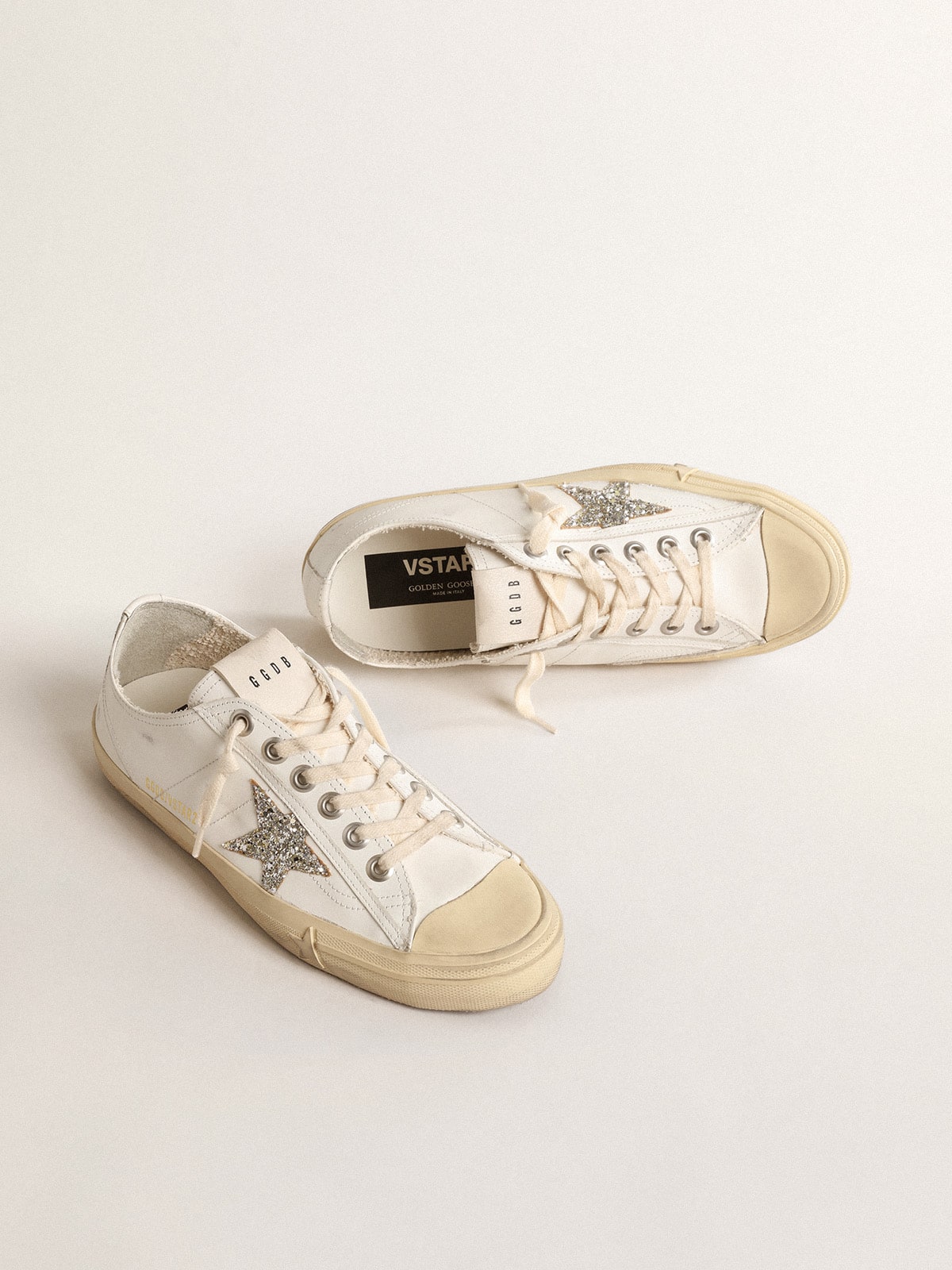 V-Star in white leather with a platinum glitter star - Golden Goose Women