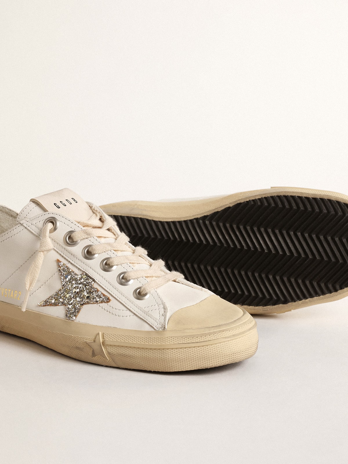 V-Star in white leather with a platinum glitter star - Golden Goose Women