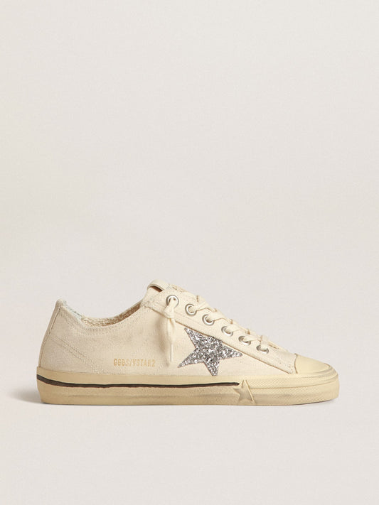 V-Star in beige canvas with a silver glitter star - Golden Goose Women