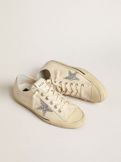 V-Star in beige canvas with a silver glitter star - Golden Goose Women