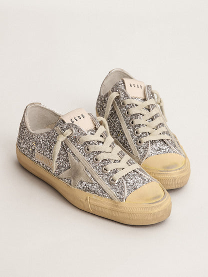 Women's V-Star  in silver glitter with ice-gray suede star - Golden Goose Women
