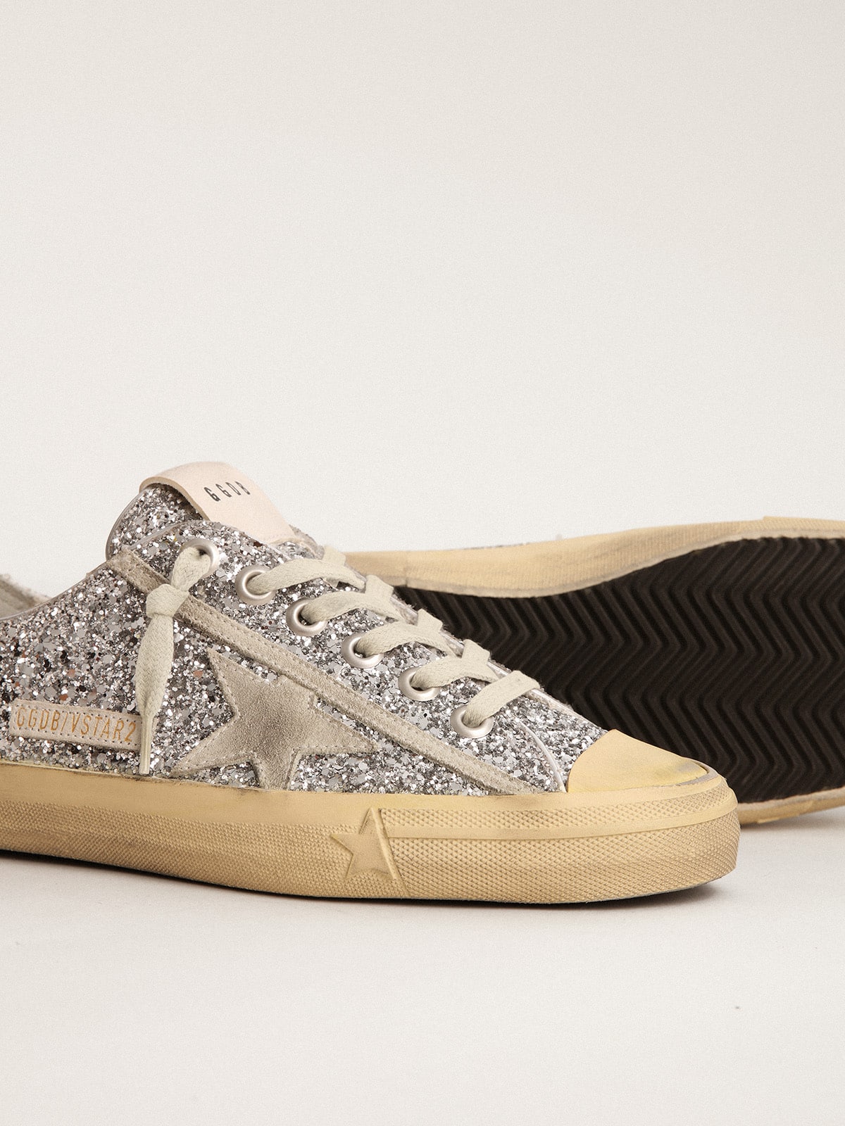 Women's V-Star  in silver glitter with ice-gray suede star - Golden Goose Women